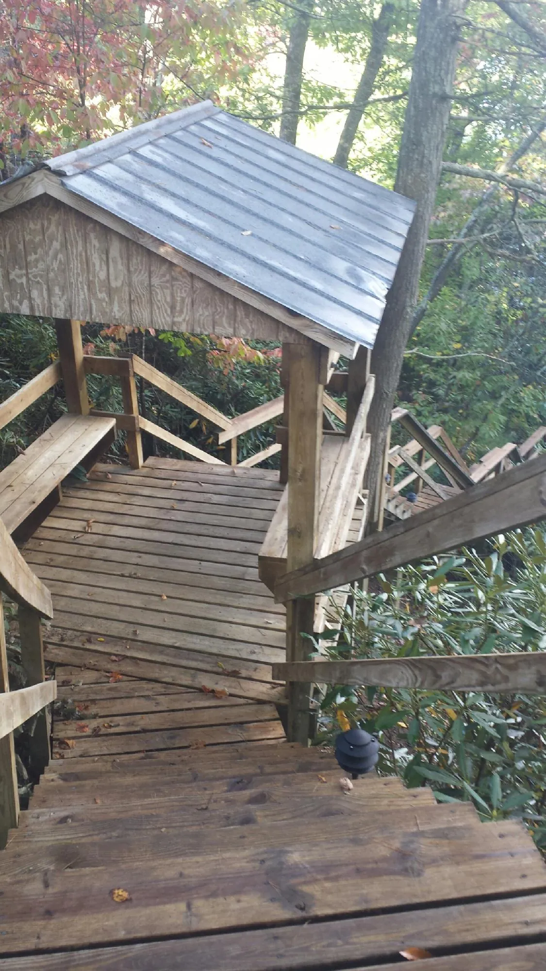 Metal roofed shelter over wooden steps on a wooded walkway — Skylight Repair & Installation work by our crew in Wimbledon